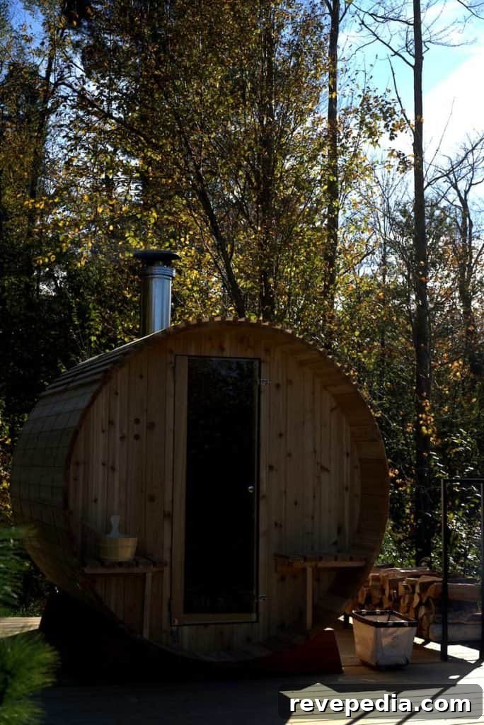 Barrel wood burning sauna exterior