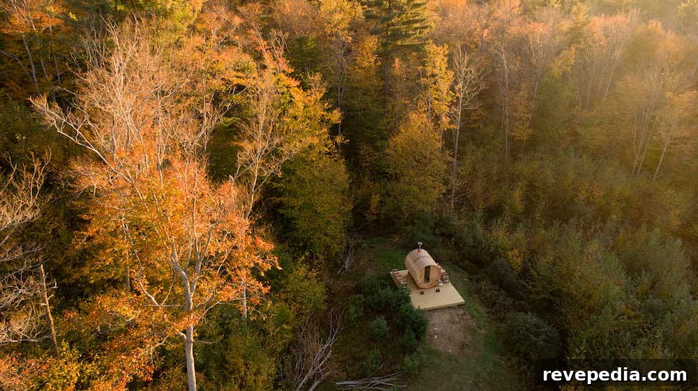 Aerial view of sauna near cabin