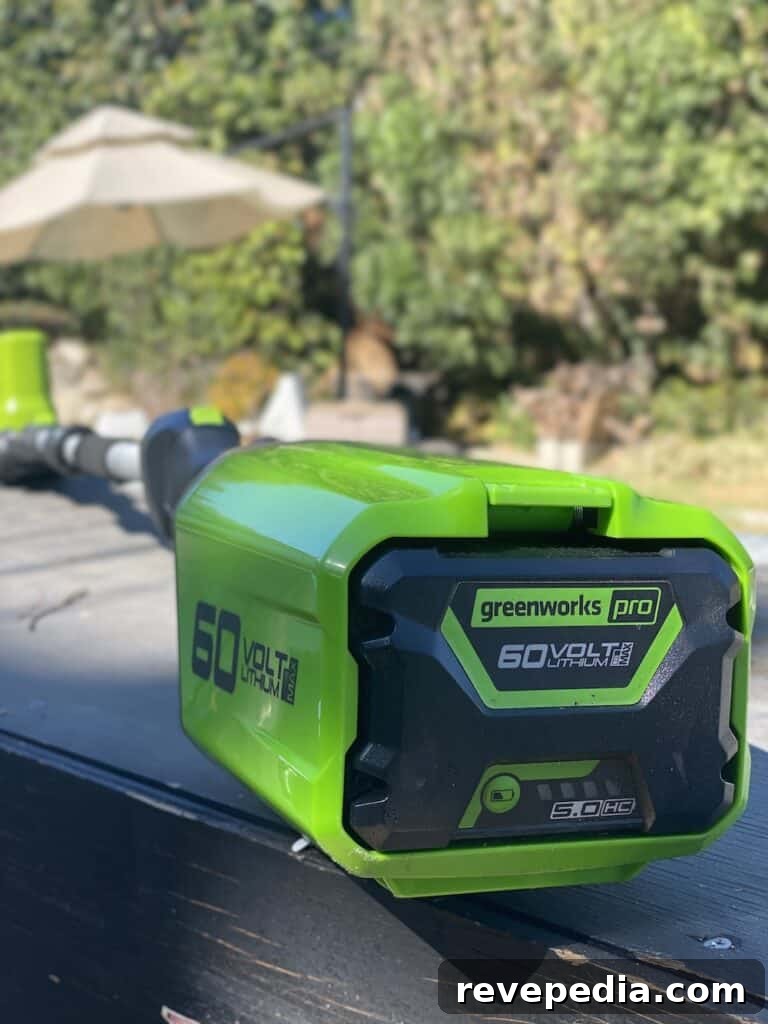 Greenworks 60V pole hedge trimmer in use