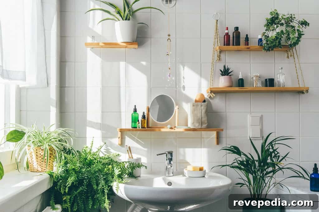 Biophilic Design: Nature-Inspired Interiors for Well-Being 2 Biophilic design inspired bathroom with plants and wood throughout.