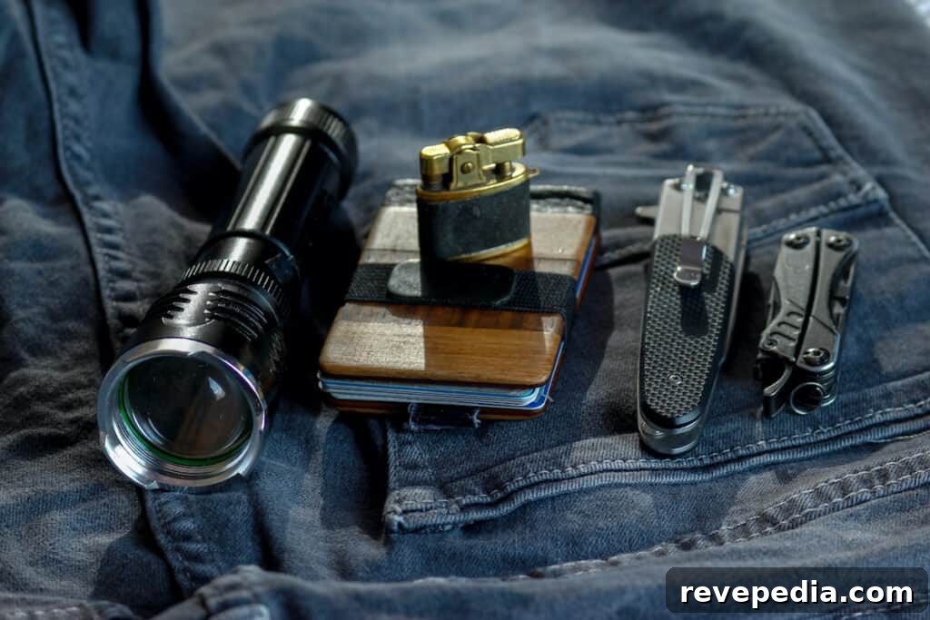 What Does EDC Mean? Definition and Common Items Explained 2 edc - everday carry items include flashlight, lighter, wallet, knives, multitool.