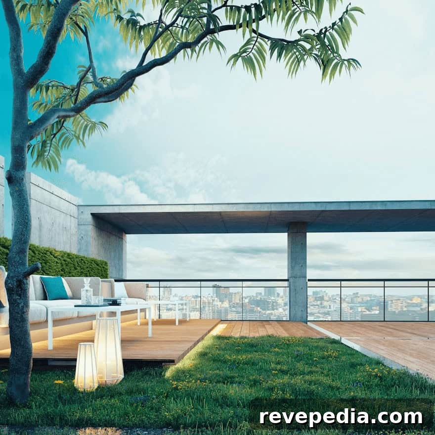 White couch on green field for flat roof design inspiration