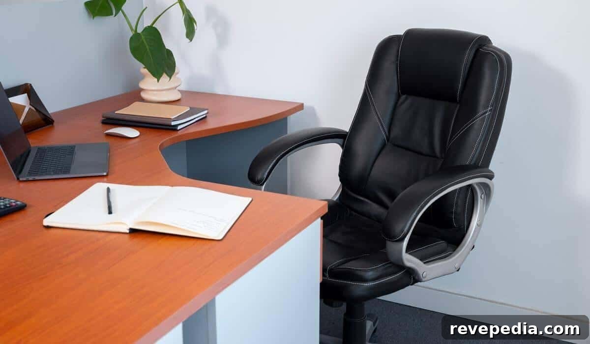 A black office chair beside a wooden desk in a home office setting