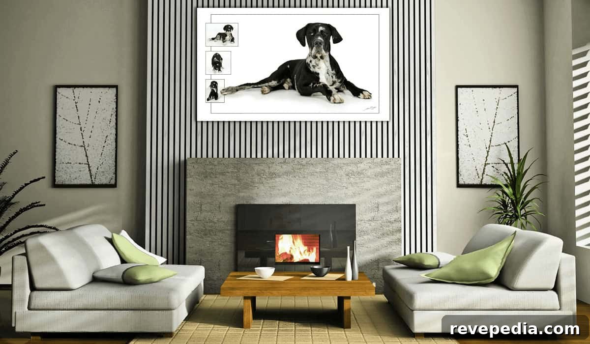 Modern living room with two couches, 3D wall panels, and fireplace