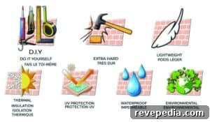 Infographic showing thermal insulation, waterproof, and DIY wall panel features