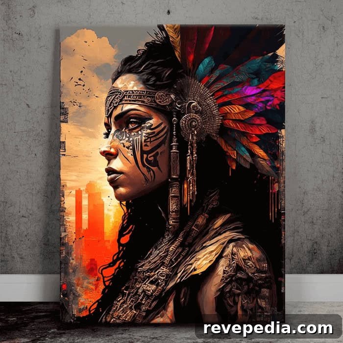 How to Hang Wall Art That Looks Perfect and Stays Secure 3 Native American woman wearing headdress painting