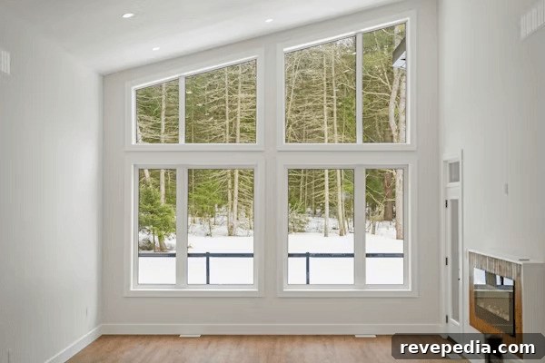 an empty room with a large window and a fireplace