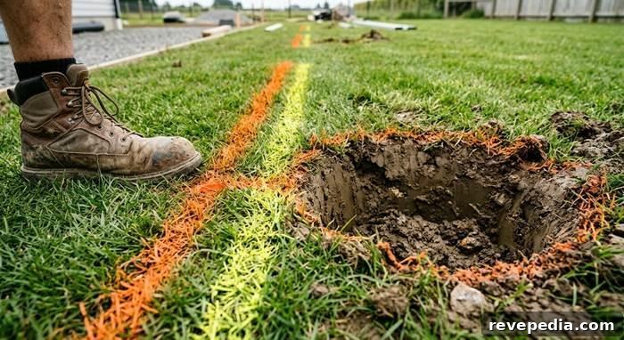 Close-up of color-coded utility line markings in orange and yellow spray paint on green grass next to a freshly dug post hole