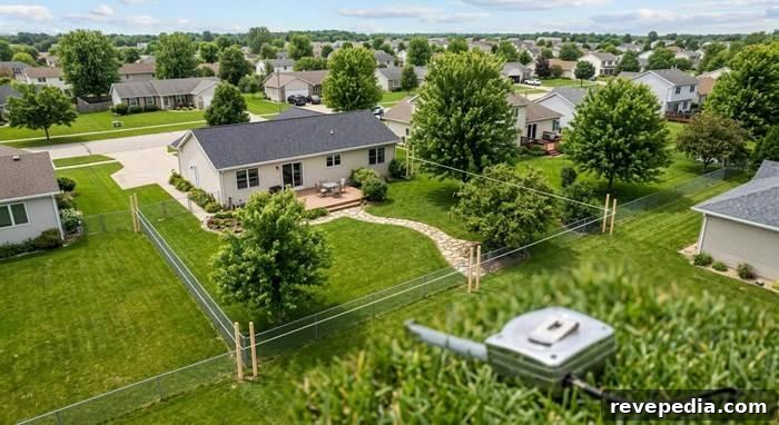 Overhead view of a residential yard with property boundary lines marked with stakes and string, a tape measure in the foreground on green grass