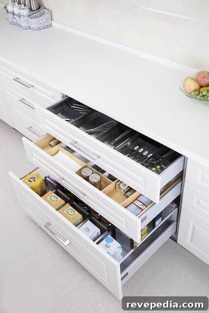 3 Smart Ways to Design a Functional, Fresh Kitchen 3 A kitchen counter with a drawer full of organized food