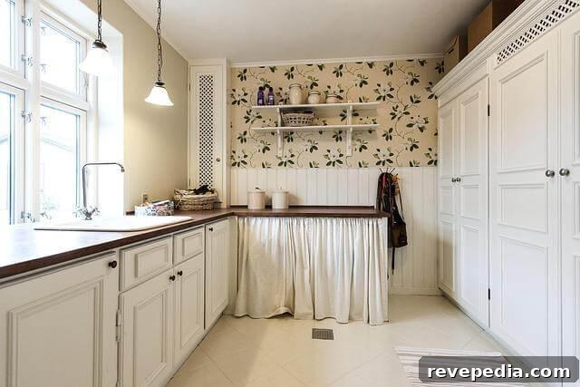 3 Smart Ways to Design a Functional, Fresh Kitchen 4 Kitchen with white cabinets and floral wallpaper
