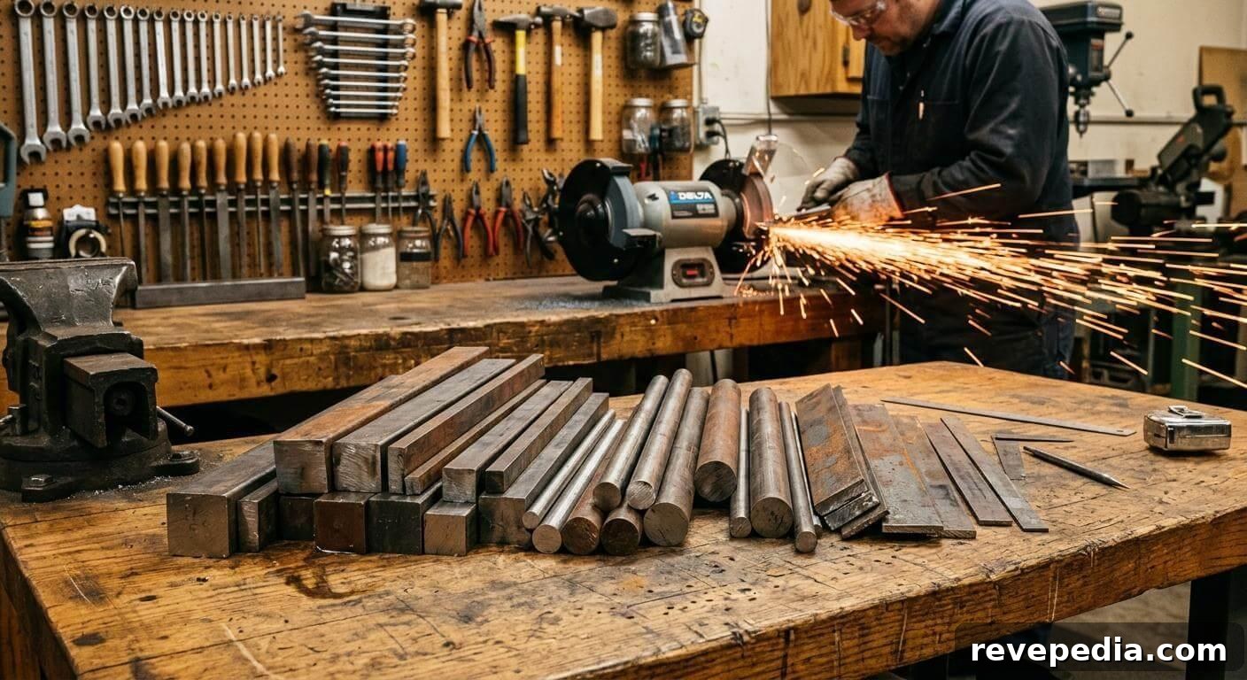 Home Steel Heat Treating: Methods That Work, Failures, and When to Call a Pro 2 Assorted steel bar stock laid out on a workshop bench with a grinder throwing sparks in the background