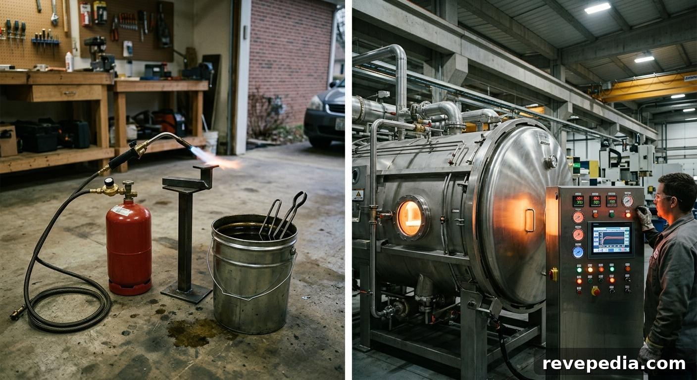 Home Steel Heat Treating: Methods That Work, Failures, and When to Call a Pro 4 Home propane torch and quench bucket on the left versus a large industrial vacuum heat treating furnace on the right