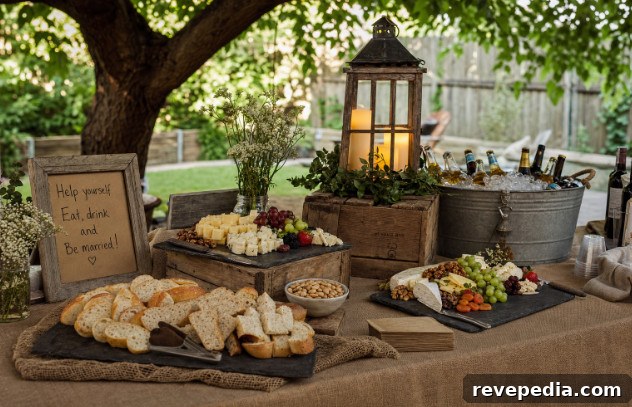 4 Creative Ideas for an Unforgettable Backyard Party Theme 3 Rustic outdoor wedding buffet with bread, cheese, and drinks