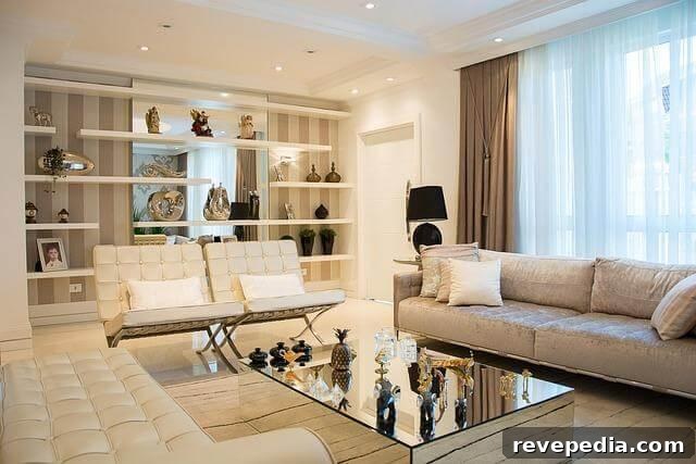 A spacious living room with elegant furniture and a