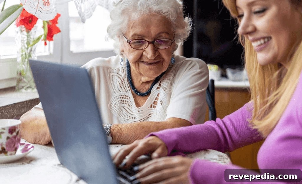 Older woman using a laptop, showing connection