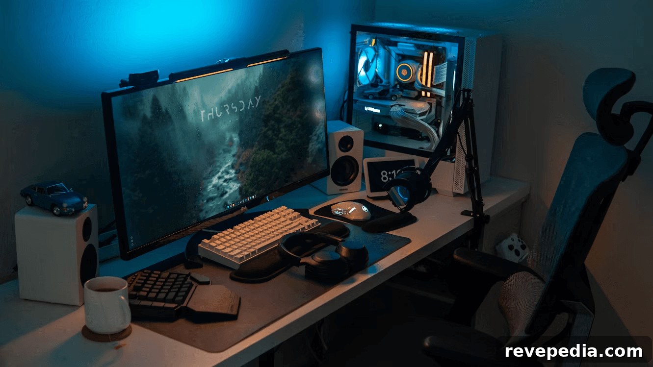 Gaming computer desk with monitor and keyboard