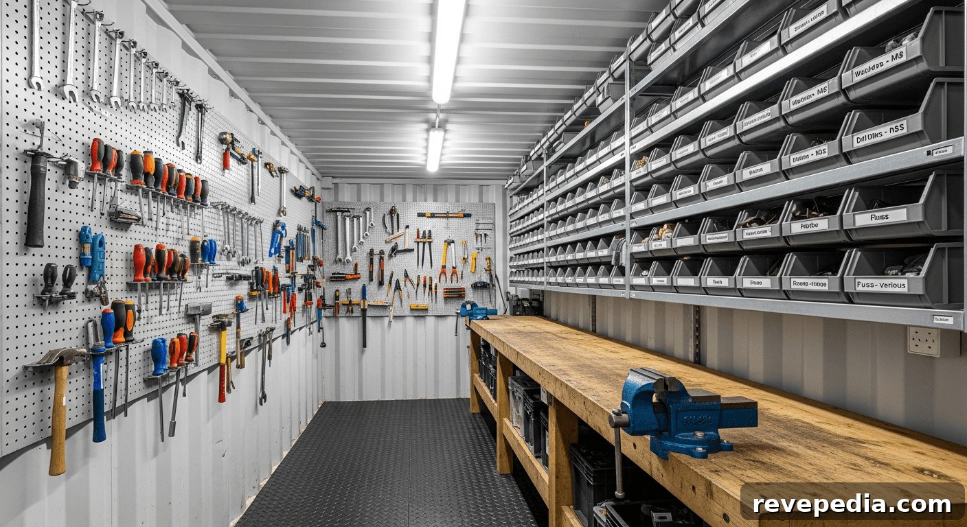 A container tool store with pegboard, shelving, and a workbench along one wall Tools neatly organized on a wall in a