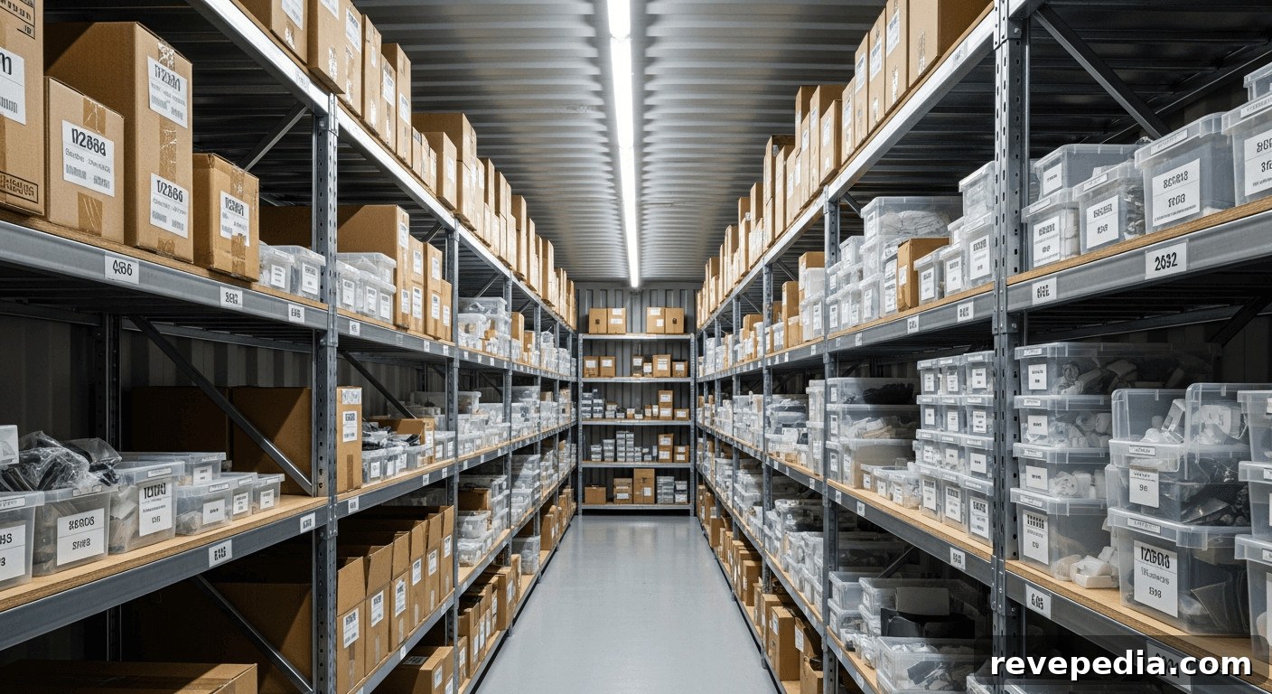 A shipping container stocked with labelled bins and boxes on metal racking, clear central aisle Large warehouse with shelves full of organized boxes