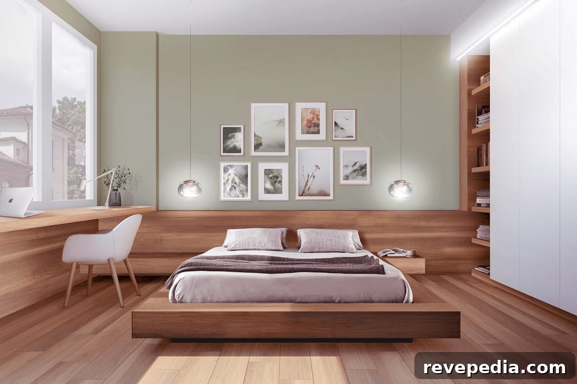 Stylish bedroom with bed and desk arrangement
