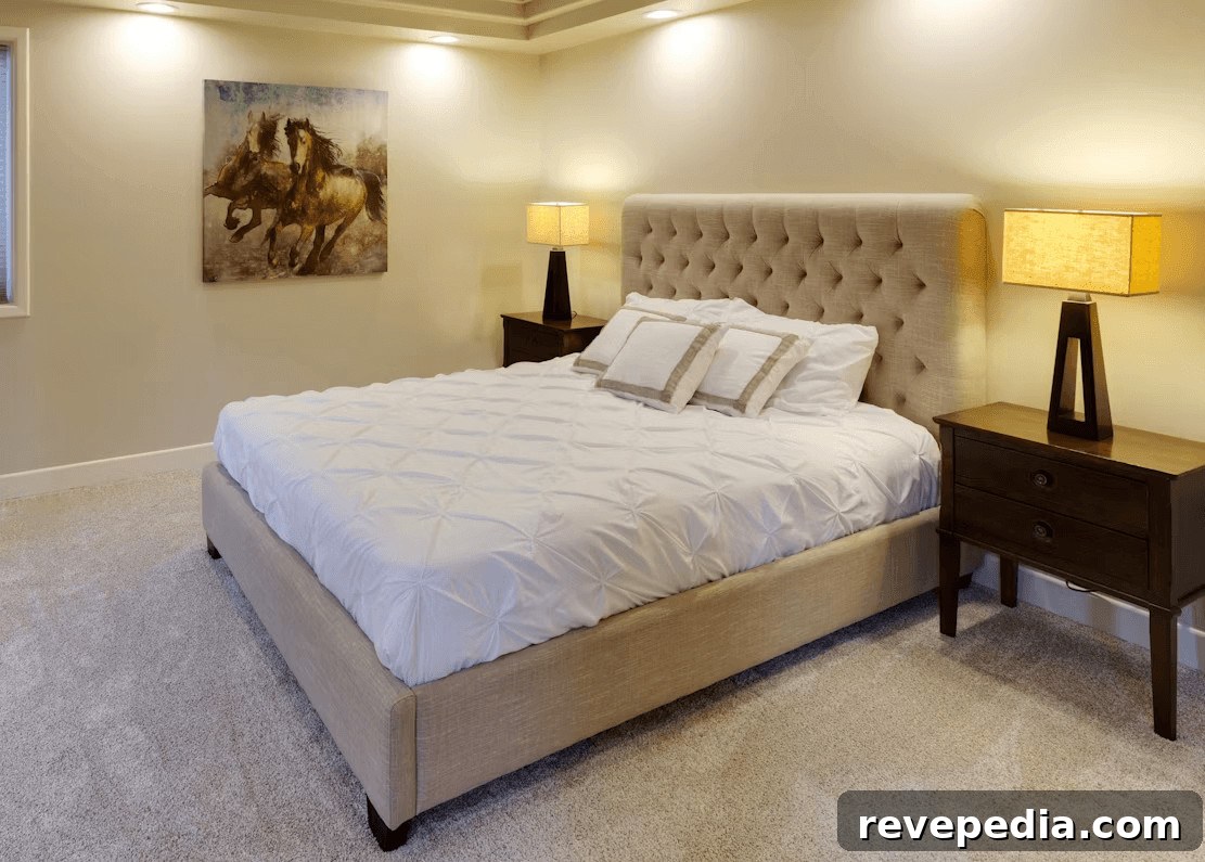 A stylish bedroom with a large bed and