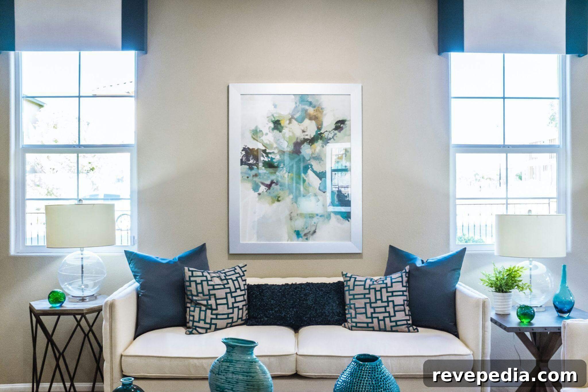 A furnished living room with a painting on the wall