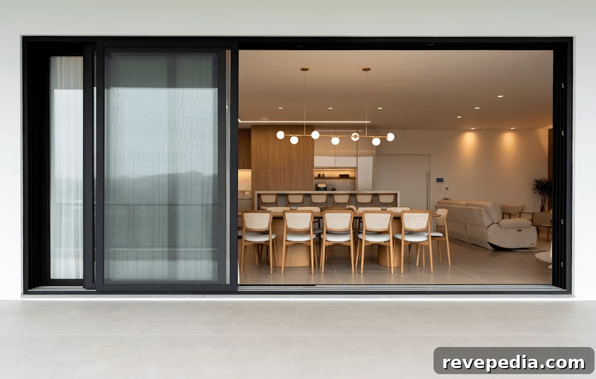 Dining room with table and chairs visible through a sliding