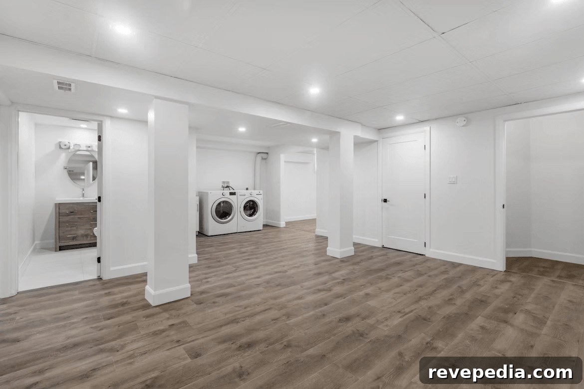 Empty basement laundry room with washer and dryer