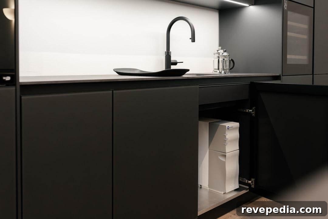 Modern kitchen with sink and black countertop, ready for