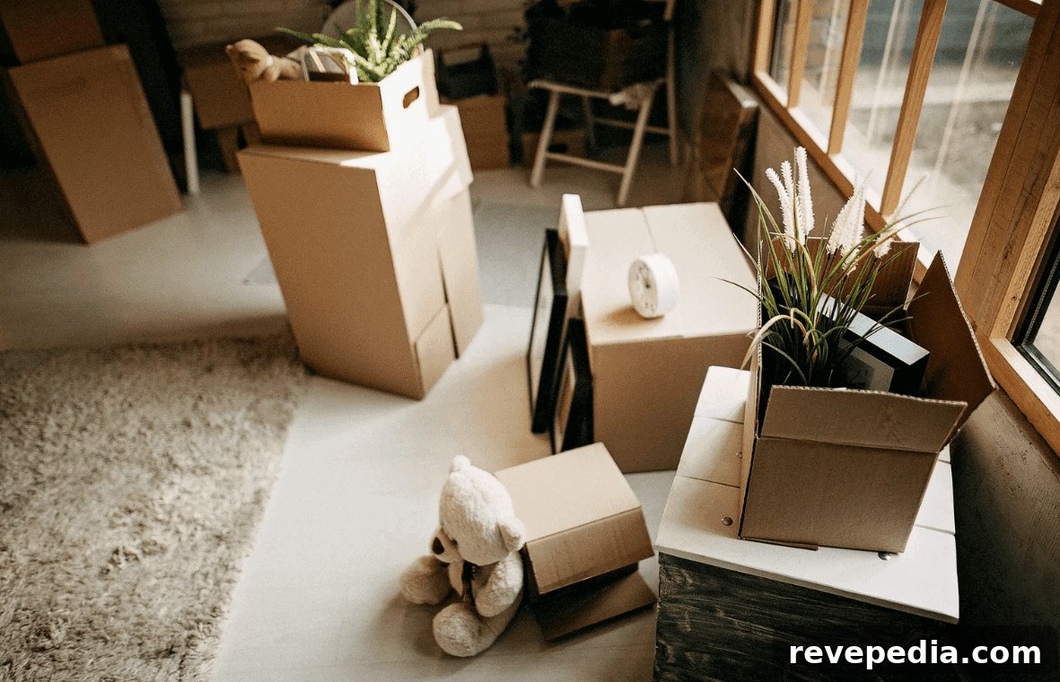 Room filled with moving boxes and stuffed animals during a