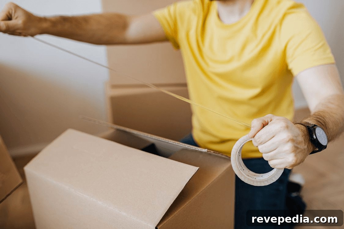 Man in yellow shirt holding packing tape, staying organized