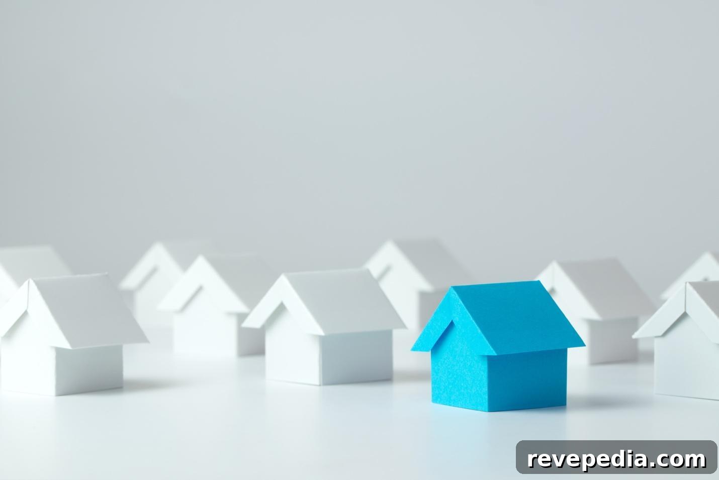 Blue 3d house and several white 3d houses