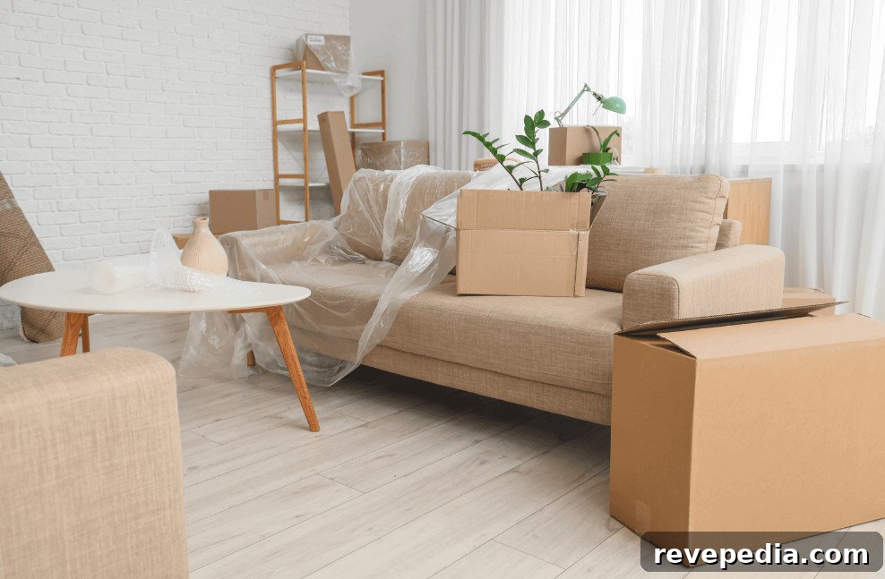 room packed with boxes and furniture for a move