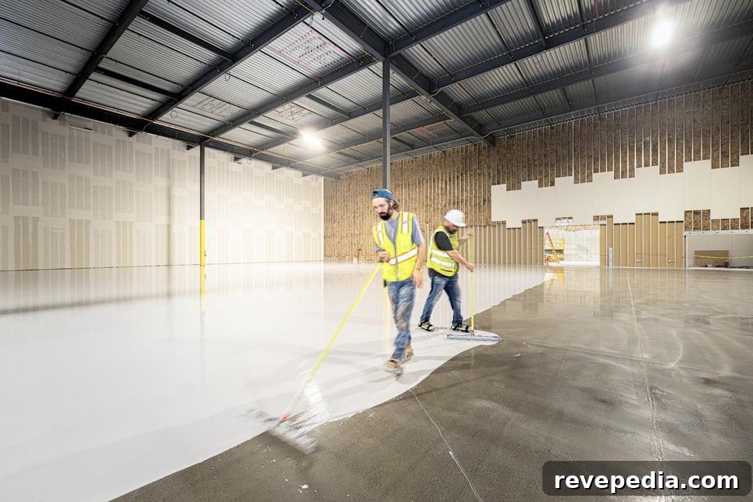 A worker applying floor coating with a roller on concrete
