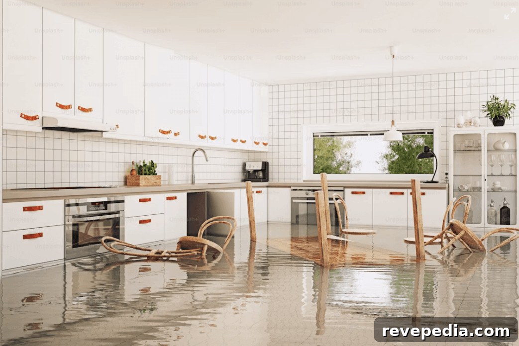 Immediate Steps After Water Damage to Protect Your Home 2 Flooded kitchen with chairs and a table after water damage
