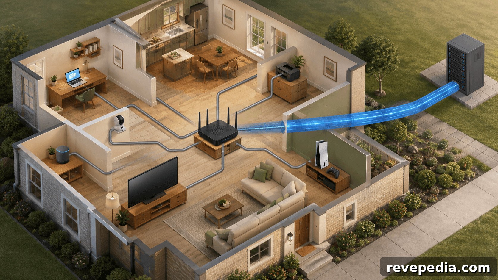 Is Putting Your Whole Home Network on a VPN Worth It? 3 Aerial view of a house with a blue light