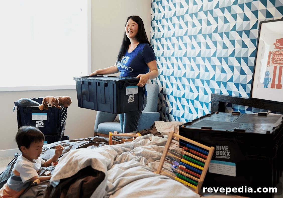 Woman and child on bed in a newly set up