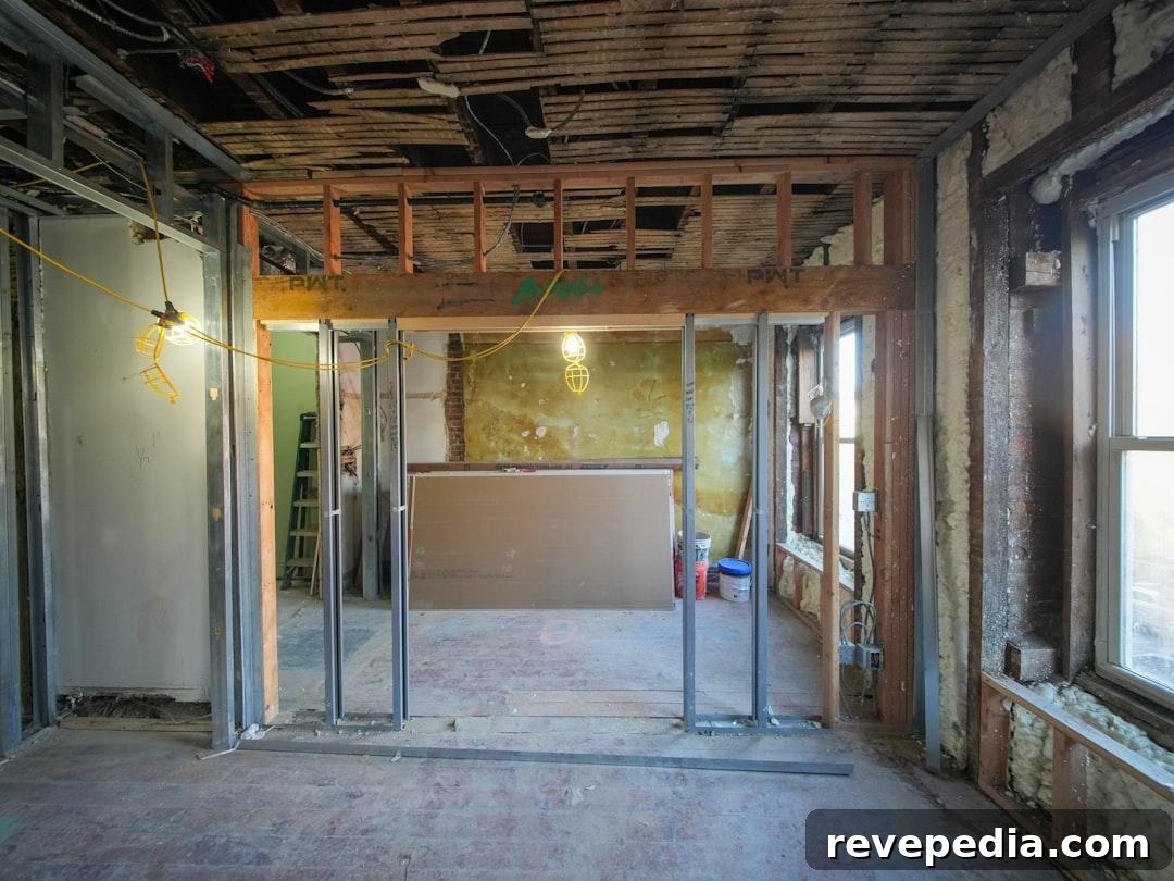 Interior room under construction with metal studs