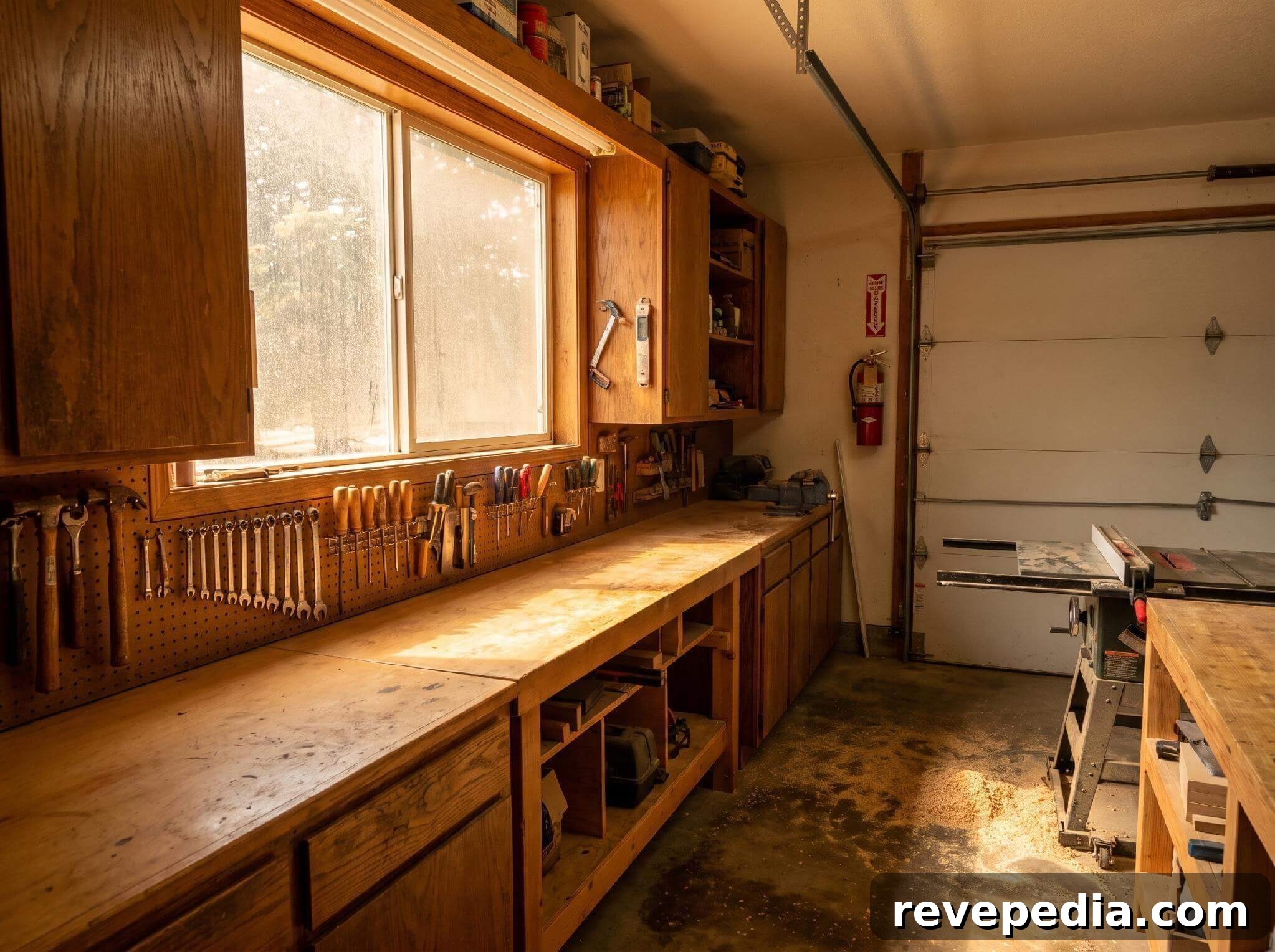 A well-organized home garage workshop with a pegboard of hand tools and a red fire extinguisher mounted near the door