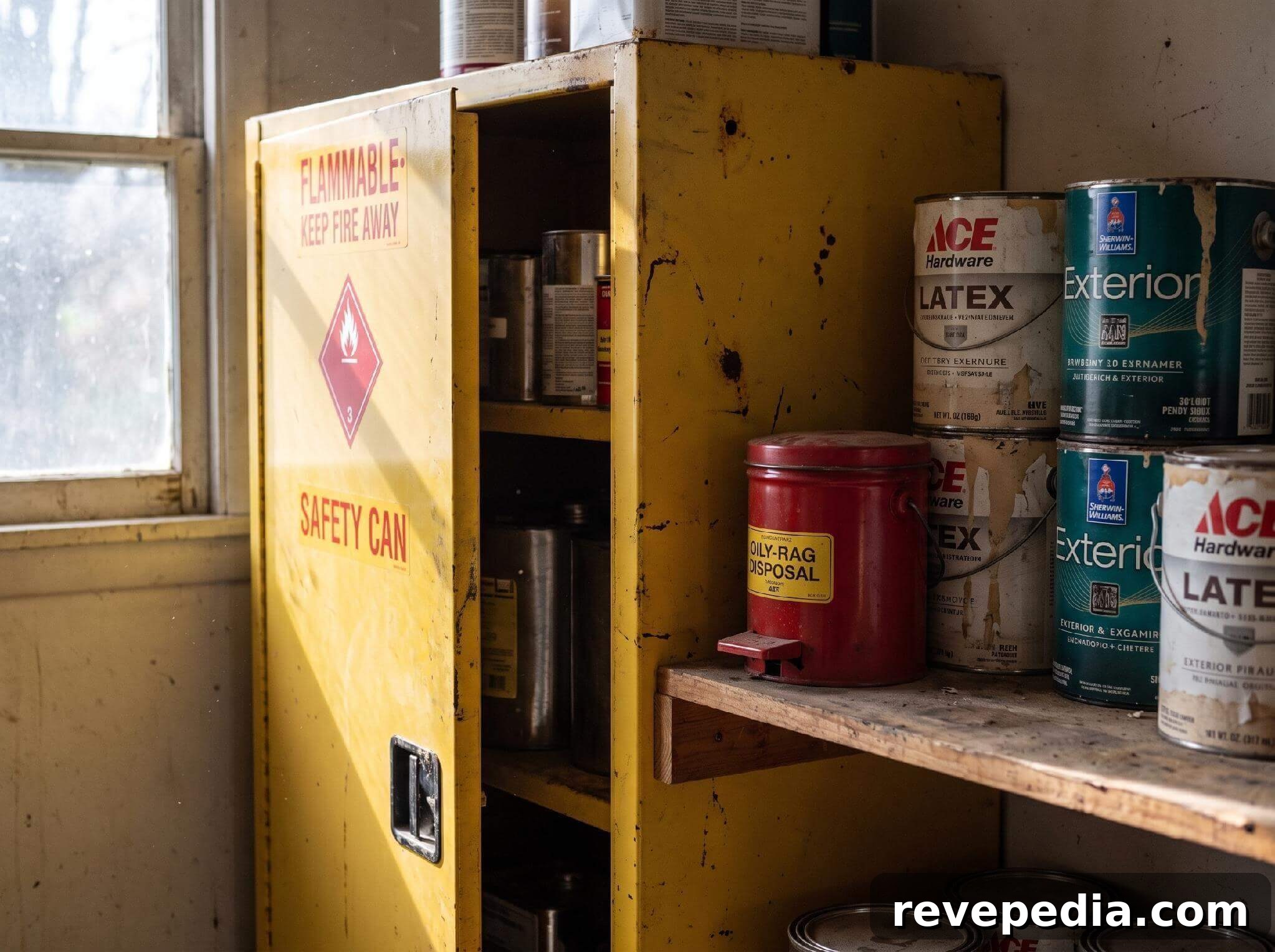 A yellow metal safety cabinet for flammable liquids next to a shelf of labeled paint cans in a garage
