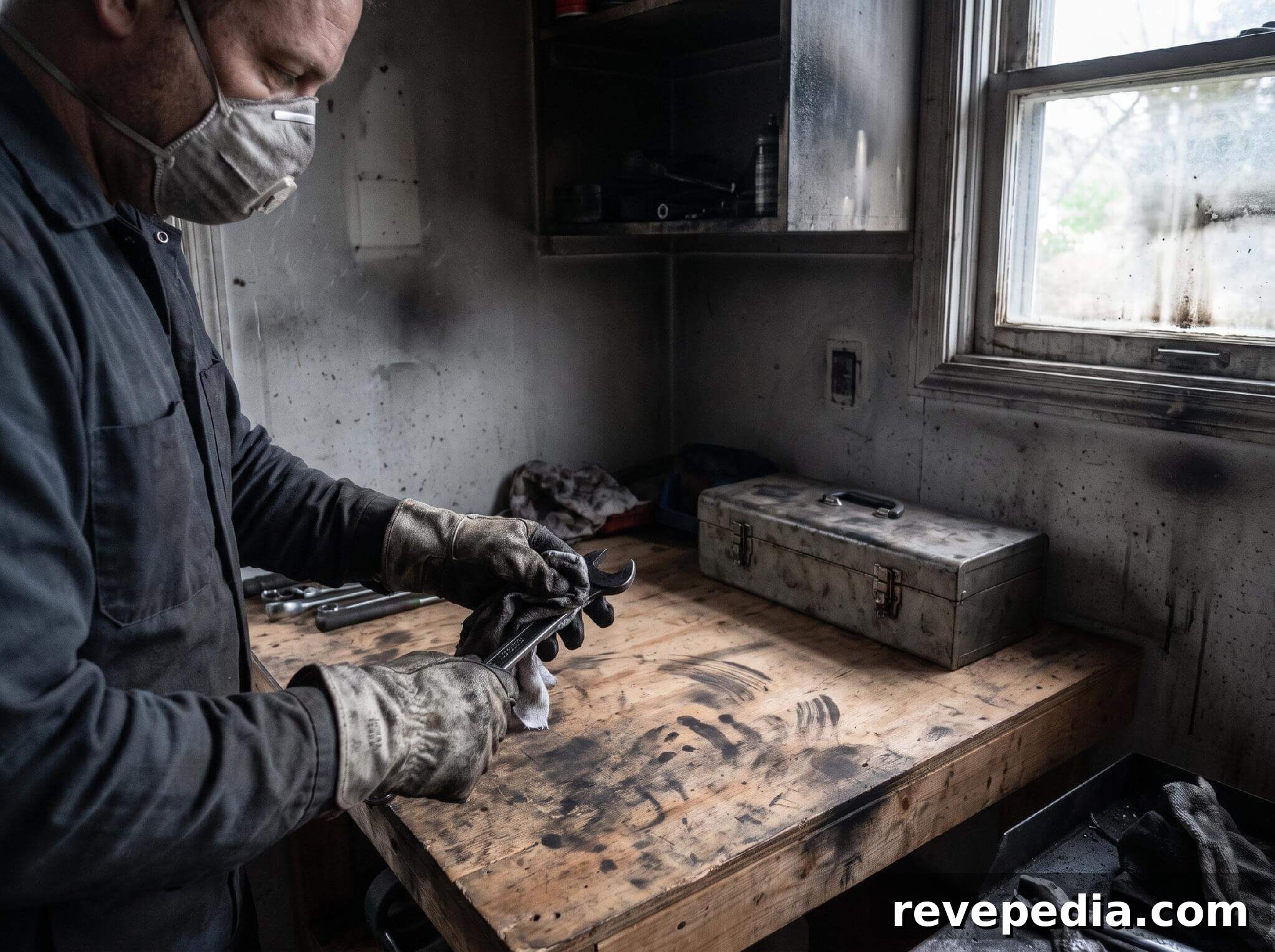 A homeowner in work gloves wiping soot off a metal hand tool on a workbench after a fire