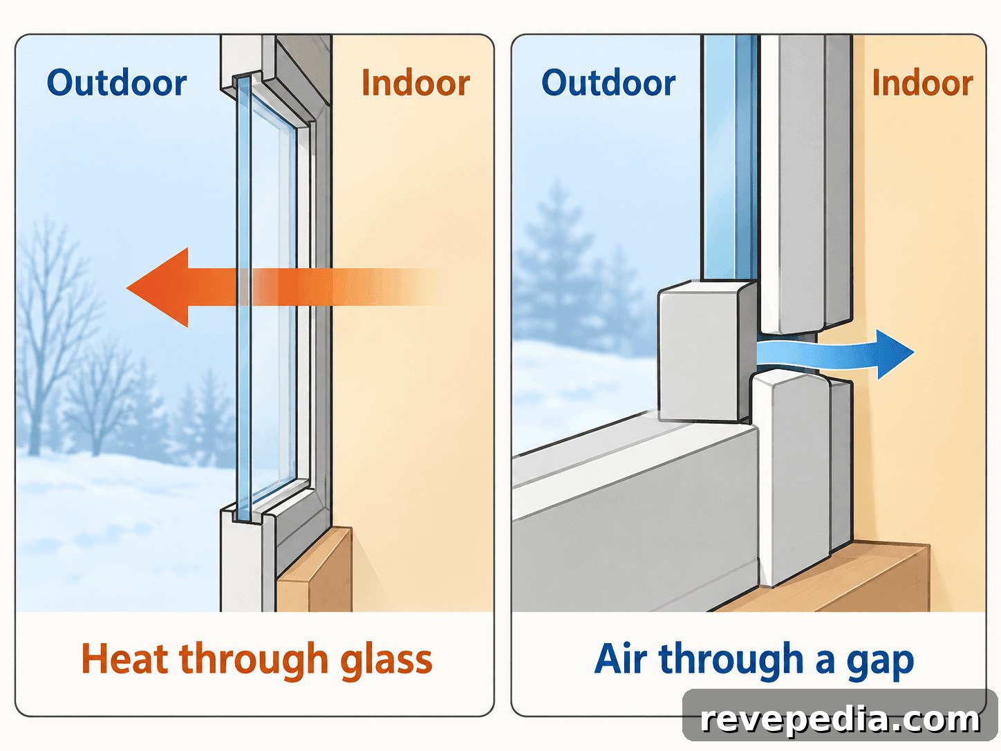 Diagram comparing heat passing through glass with outside air entering a window gap.