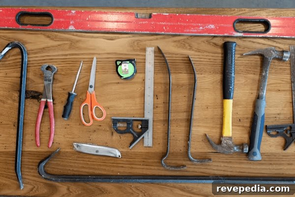 Tools for window installation displayed on a