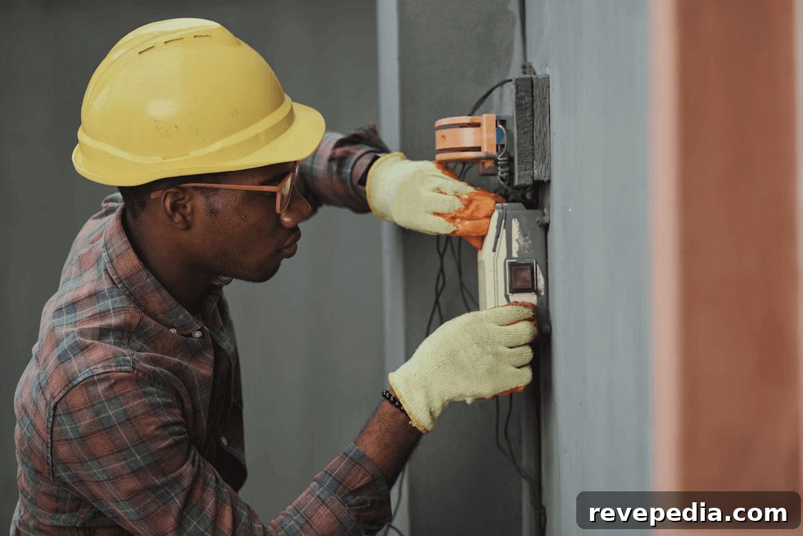 Man in hard hat and gloves repairing a wall