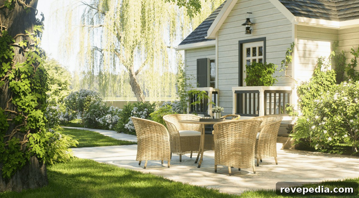 A designed patio with an outdoor dining table