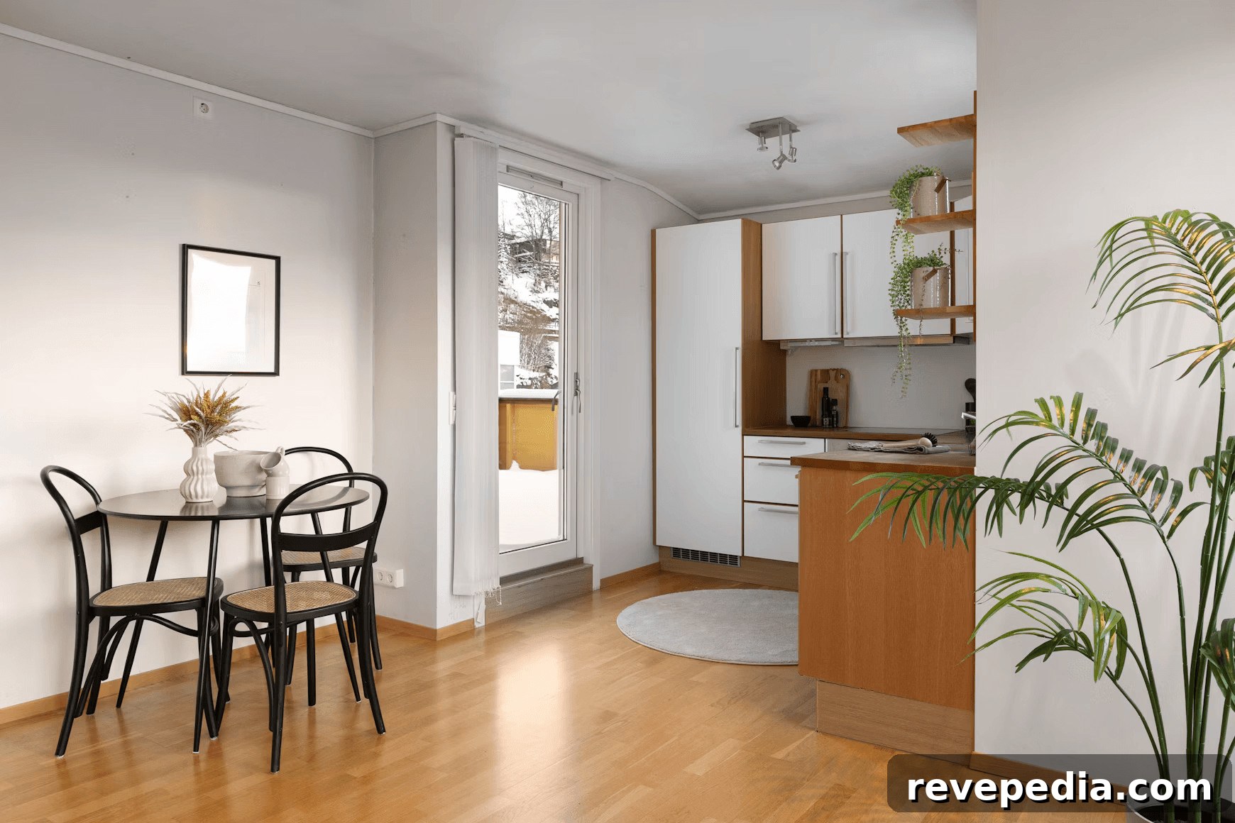 Dining room table with chairs and a potted