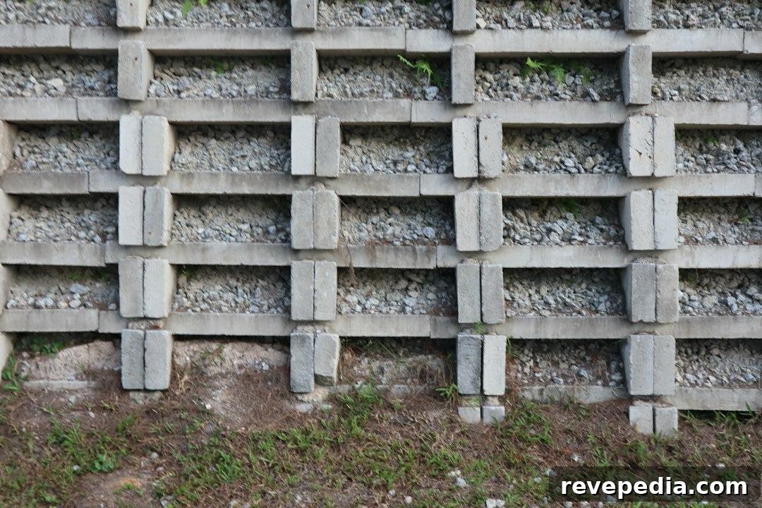 A concrete retaining wall with stacked blocks and gravel fill above grassy ground