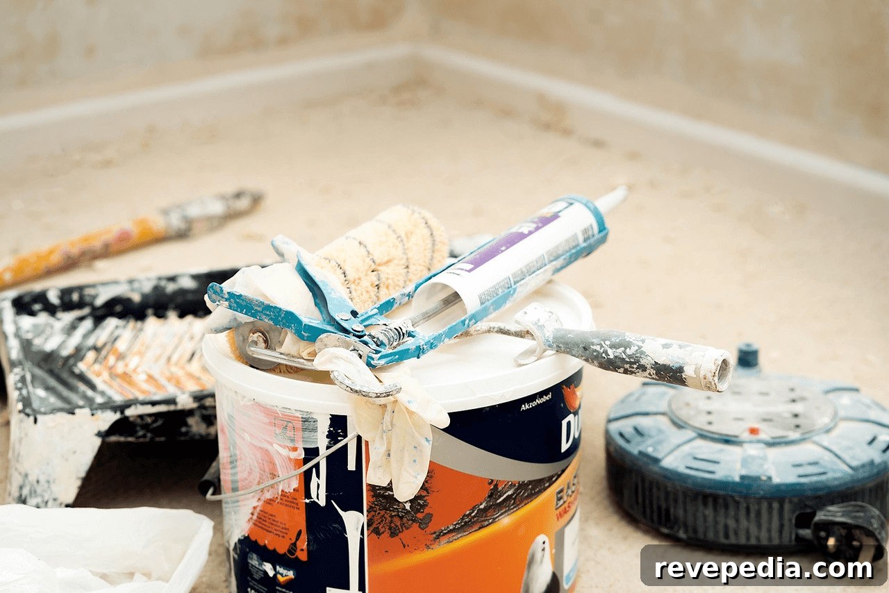 Toothpaste can and toothbrush on floor amidst renovation