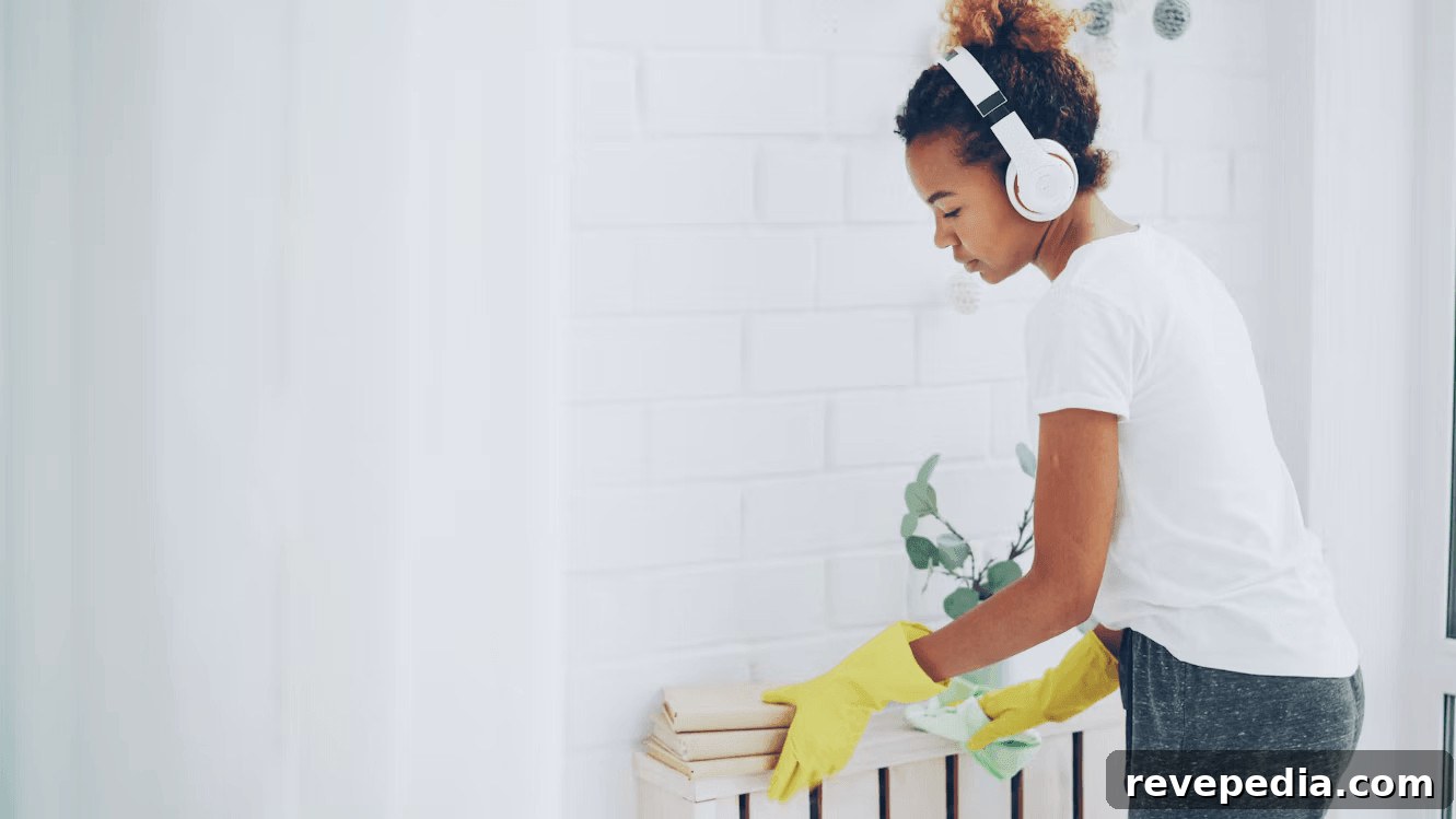 Woman cleaning a radiator to reduce household dust