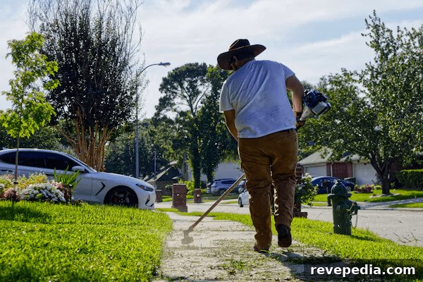 A man with a mop walking on a sidewalk